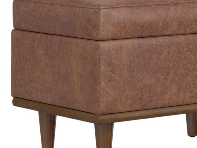 26" Brown and Walnut Leather Cocktail Ottoman With Storage