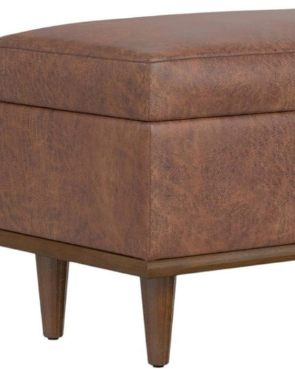 26" Brown and Walnut Leather Cocktail Ottoman With Storage