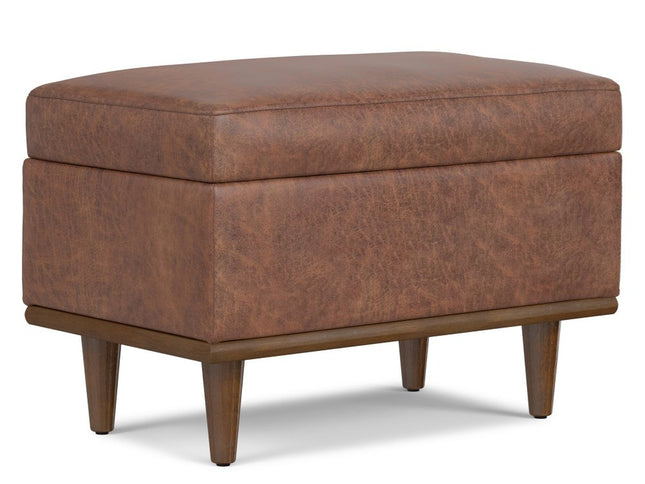26" Brown and Walnut Leather Cocktail Ottoman With Storage