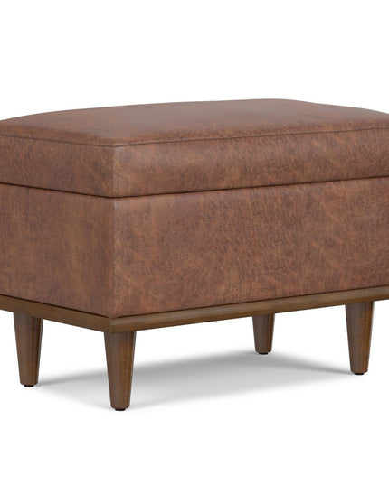 26" Brown and Walnut Leather Cocktail Ottoman With Storage