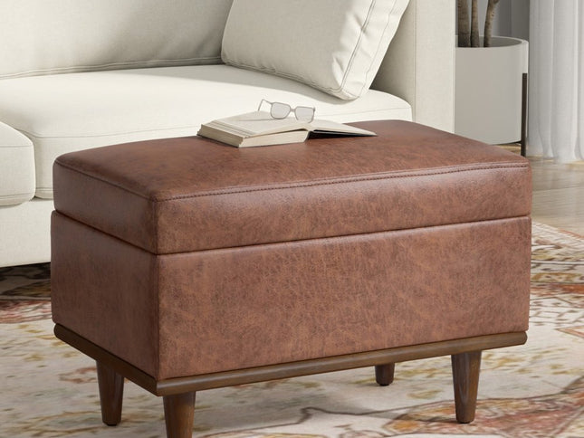 26" Brown and Walnut Leather Cocktail Ottoman With Storage
