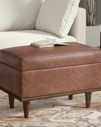 26" Brown and Walnut Leather Cocktail Ottoman With Storage