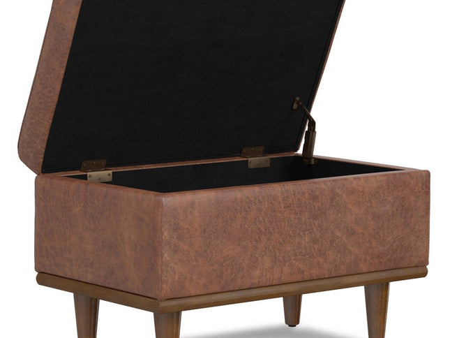 26" Brown and Walnut Leather Cocktail Ottoman With Storage