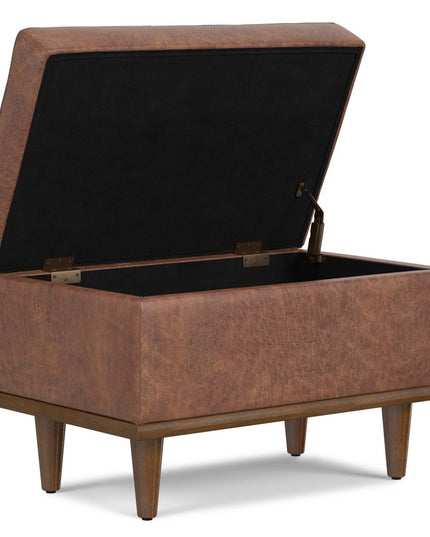 26" Brown and Walnut Leather Cocktail Ottoman With Storage