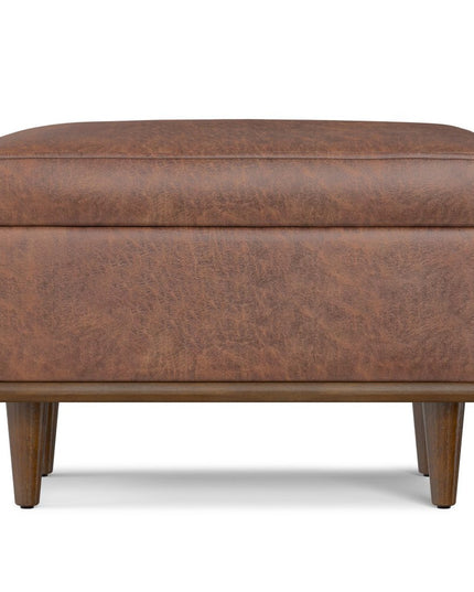 26" Brown and Walnut Leather Cocktail Ottoman With Storage