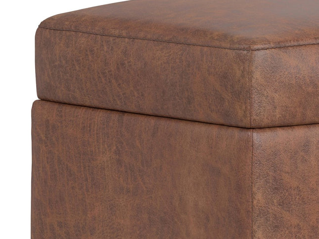 26" Brown and Walnut Leather Cocktail Ottoman With Storage