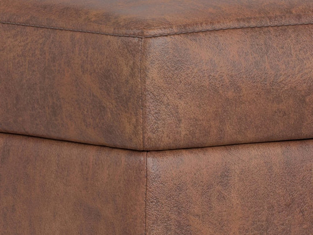 26" Brown and Walnut Leather Cocktail Ottoman With Storage