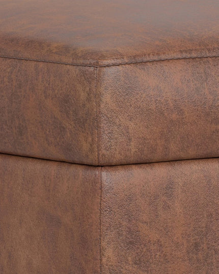 26" Brown and Walnut Leather Cocktail Ottoman With Storage