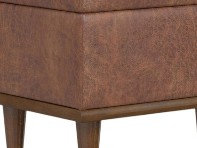 26" Brown and Walnut Leather Cocktail Ottoman With Storage