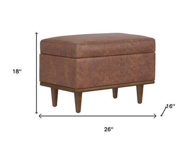 26" Brown and Walnut Leather Cocktail Ottoman With Storage