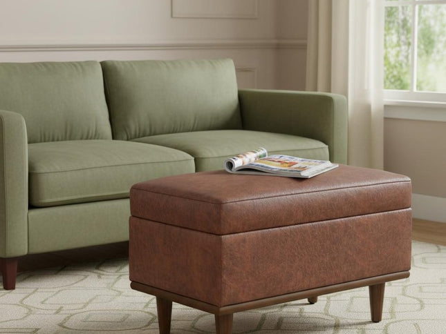 26" Brown and Walnut Leather Cocktail Ottoman With Storage