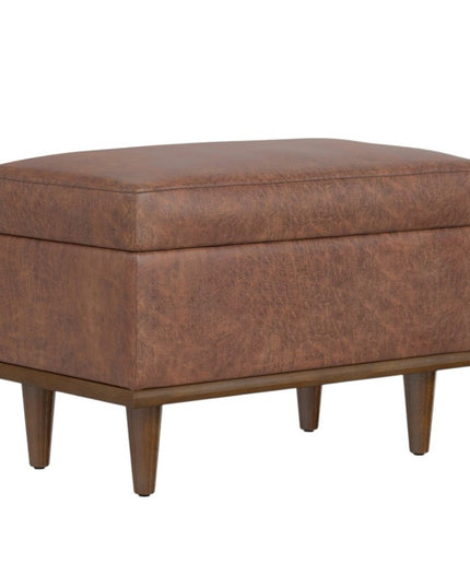 26" Brown and Walnut Leather Cocktail Ottoman With Storage