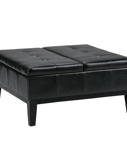 36" Black and Dark Brown Leather Cocktail Ottoman With Storage