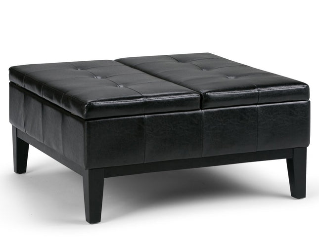 36" Black and Dark Brown Leather Cocktail Ottoman With Storage