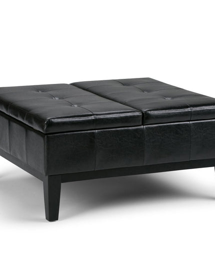 36" Black and Dark Brown Leather Cocktail Ottoman With Storage