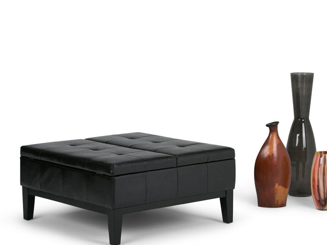 36" Black and Dark Brown Leather Cocktail Ottoman With Storage