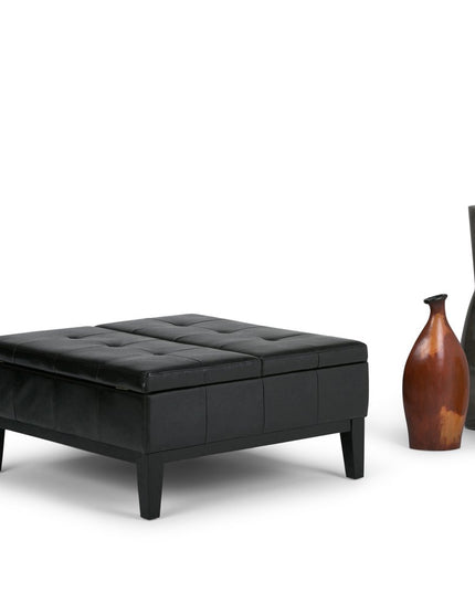36" Black and Dark Brown Leather Cocktail Ottoman With Storage
