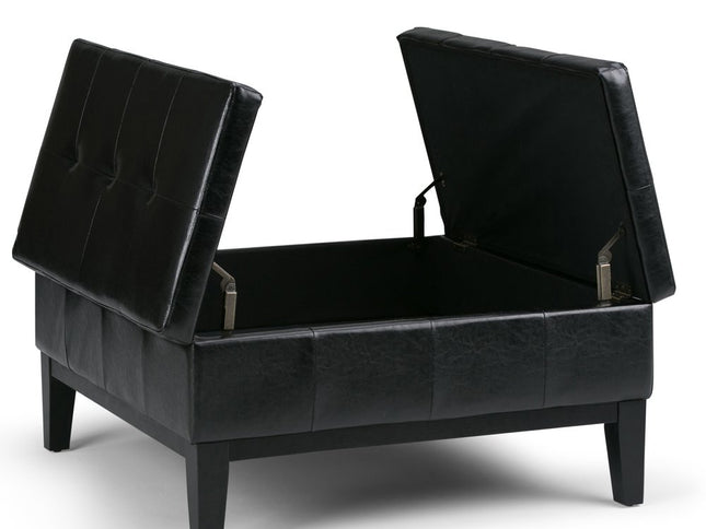 36" Black and Dark Brown Leather Cocktail Ottoman With Storage