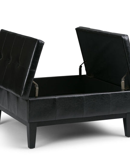 36" Black and Dark Brown Leather Cocktail Ottoman With Storage