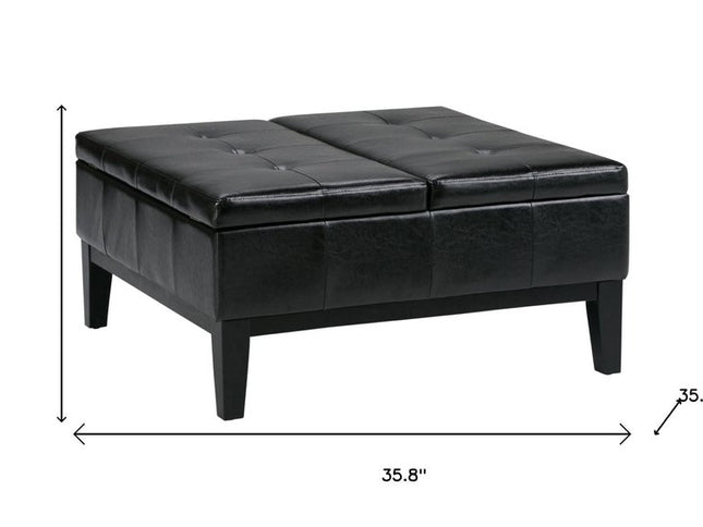 36" Black and Dark Brown Leather Cocktail Ottoman With Storage