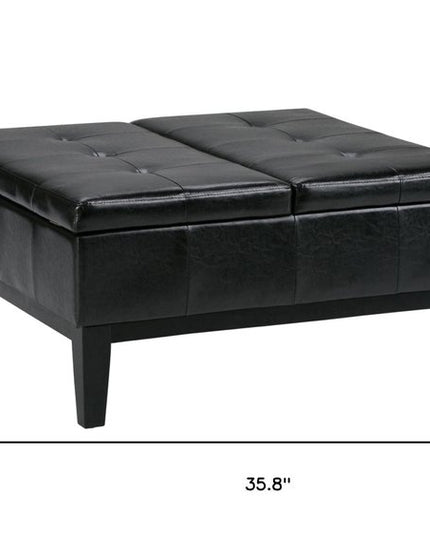 36" Black and Dark Brown Leather Cocktail Ottoman With Storage