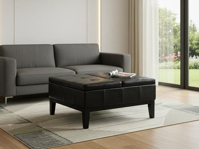 36" Black and Dark Brown Leather Cocktail Ottoman With Storage