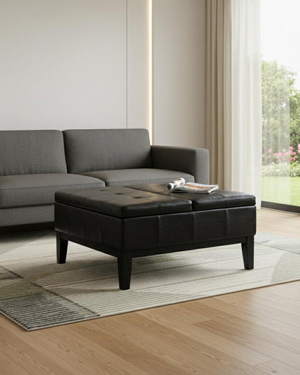 36" Black and Dark Brown Leather Cocktail Ottoman With Storage