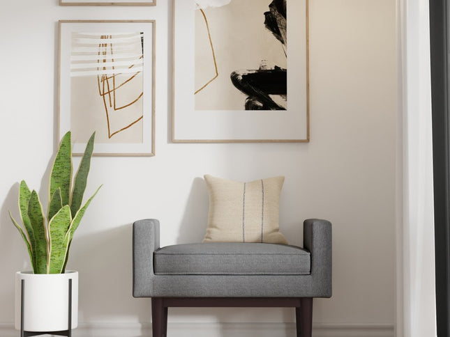 29" Gray and Walnut Linen Ottoman