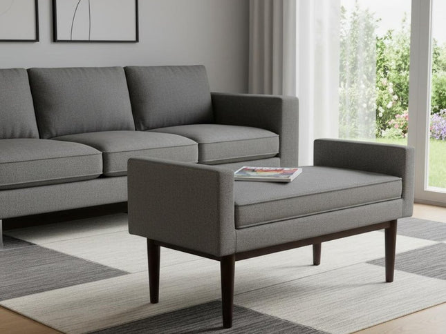 29" Gray and Walnut Linen Ottoman