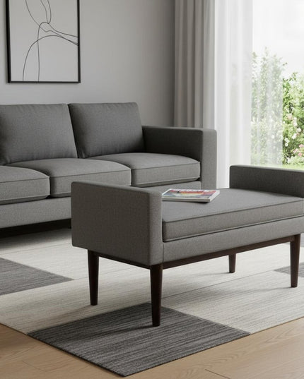 29" Gray and Walnut Linen Ottoman