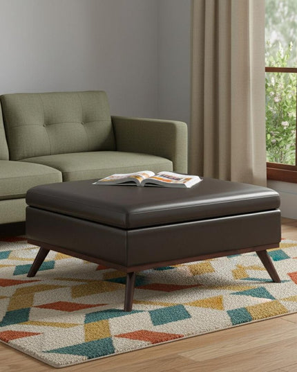 36" Brown Leather Cocktail Ottoman With Storage