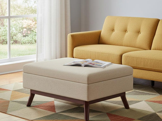 34" Natural and Brown Fabric Cocktail Ottoman With Storage