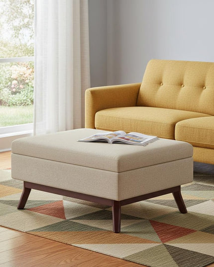 34" Natural and Brown Fabric Cocktail Ottoman With Storage