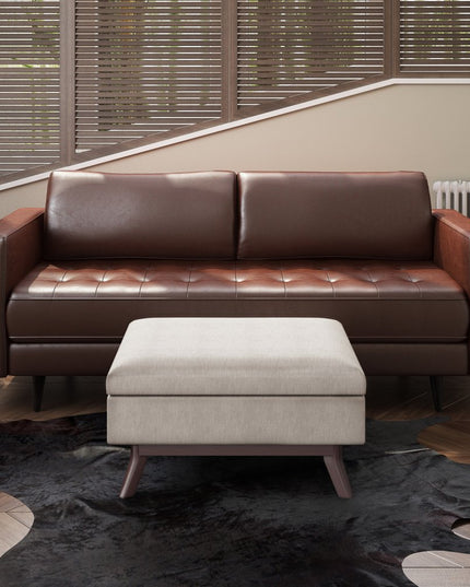 34" Natural and Brown Fabric Cocktail Ottoman With Storage