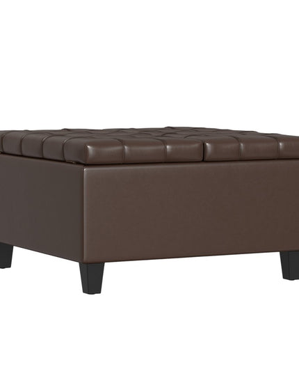 30" Brown and Black Leather Cocktail Ottoman With Storage