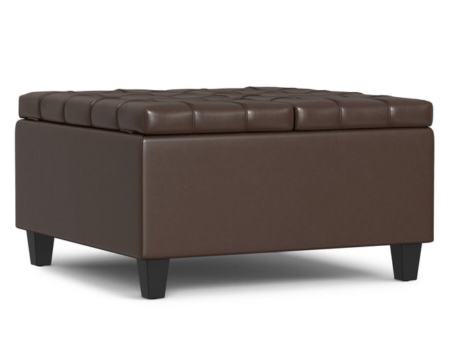 30" Brown and Black Leather Cocktail Ottoman With Storage