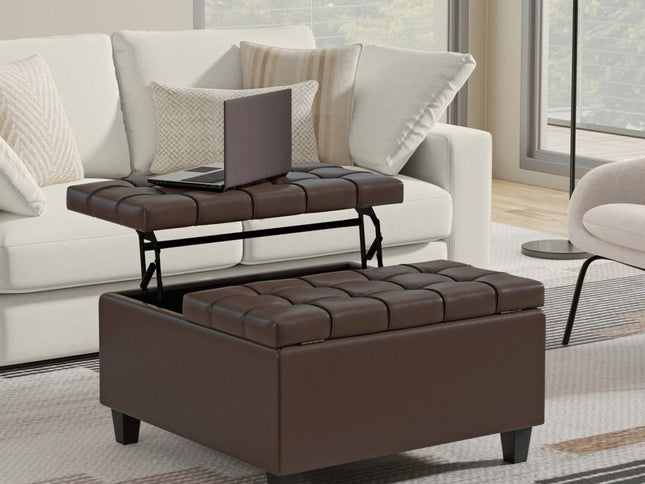 30" Brown and Black Leather Cocktail Ottoman With Storage
