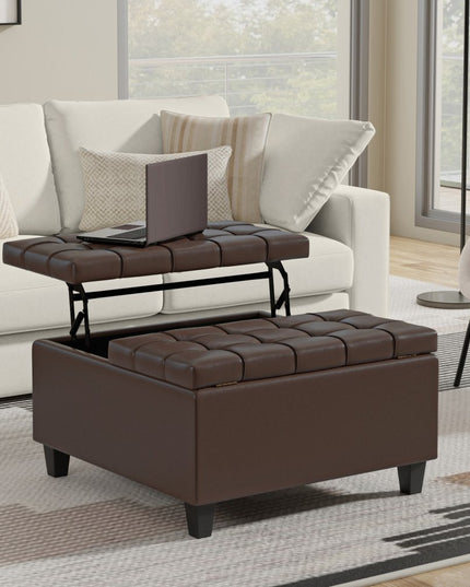 30" Brown and Black Leather Cocktail Ottoman With Storage