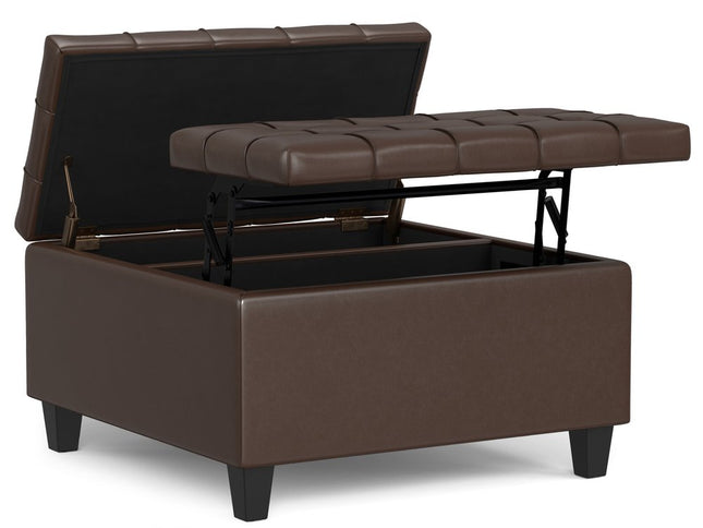 30" Brown and Black Leather Cocktail Ottoman With Storage