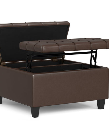 30" Brown and Black Leather Cocktail Ottoman With Storage