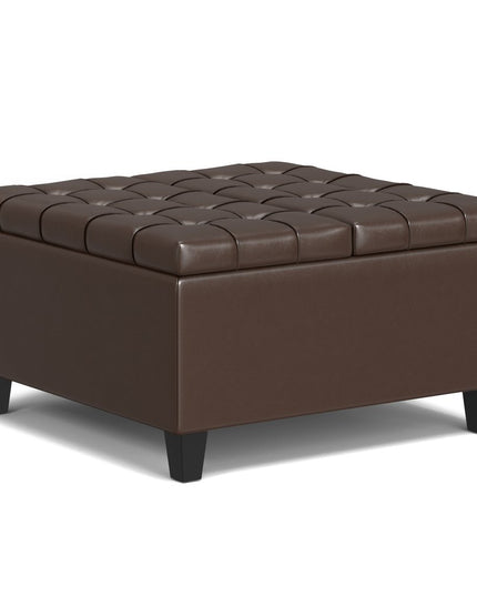 30" Brown and Black Leather Cocktail Ottoman With Storage