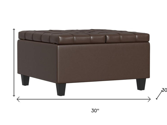30" Brown and Black Leather Cocktail Ottoman With Storage