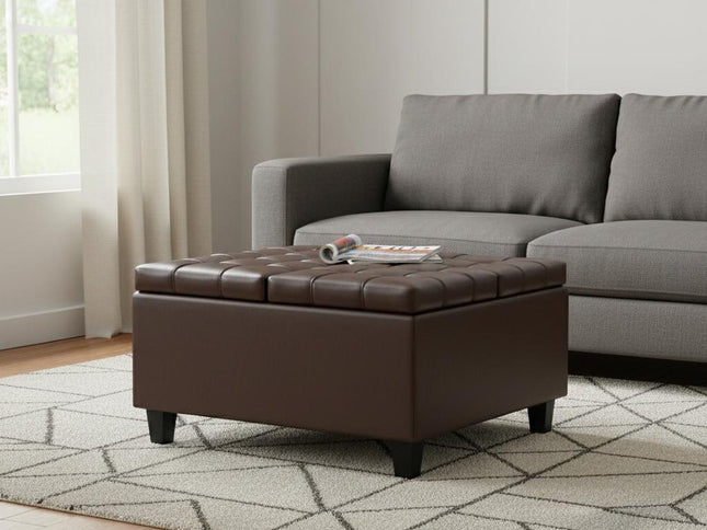 30" Brown and Black Leather Cocktail Ottoman With Storage