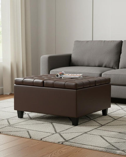 30" Brown and Black Leather Cocktail Ottoman With Storage