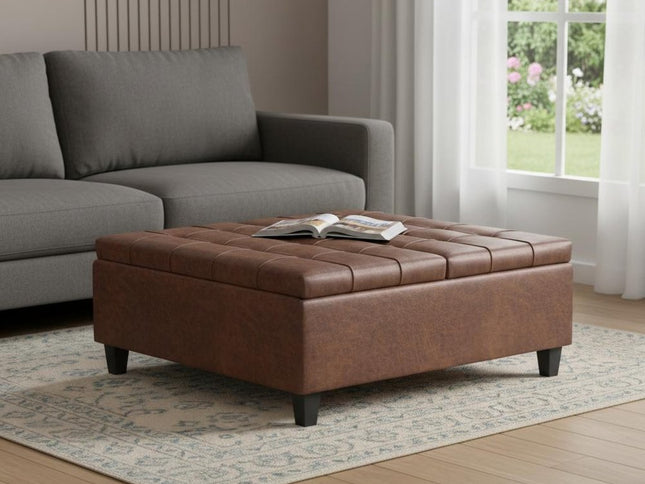 40" Brown Leather Cocktail Ottoman With Storage