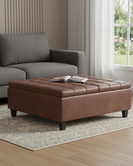 40" Brown Leather Cocktail Ottoman With Storage