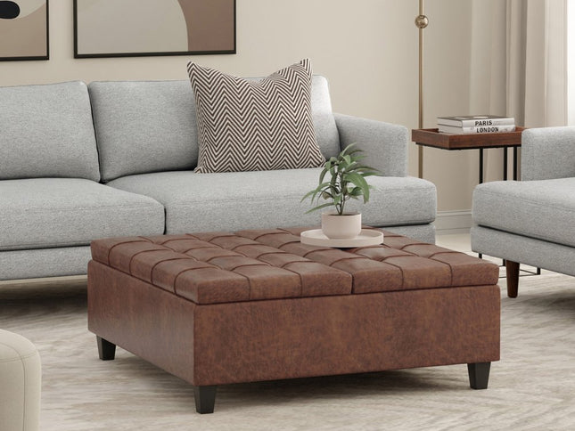 40" Brown Leather Cocktail Ottoman With Storage