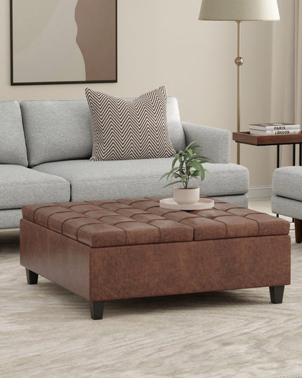 40" Brown Leather Cocktail Ottoman With Storage