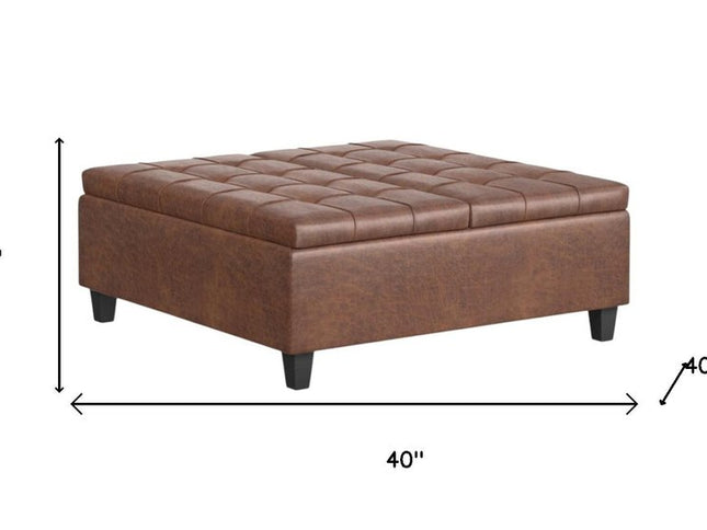 40" Brown Leather Cocktail Ottoman With Storage