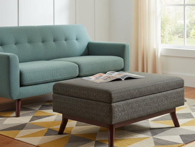 34" Ebony and Brown Fabric Cocktail Ottoman With Storage